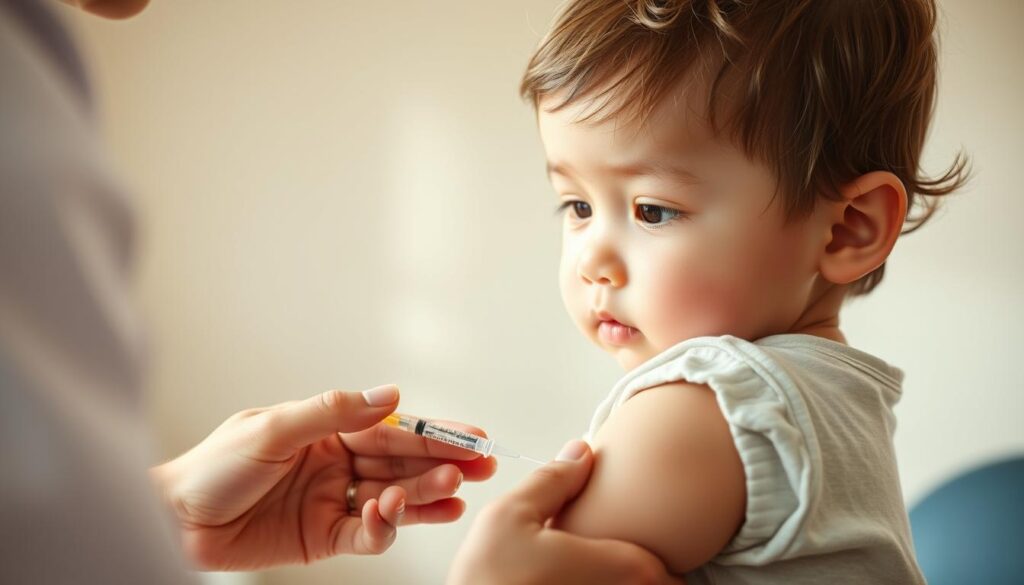 An intimate portrait of a child receiving a vaccination, with a gentle, caring adult's hand steadying their arm. The scene is bathed in soft, natural lighting that casts a warm, reassuring glow. The child's expression is calm, their eyes fixed on the trusted healthcare professional administering the shot. The background is blurred, keeping the focus on the tender, delicate moment. A sense of comfort and security permeates the image, conveying the importance of preparation and support during a child's vaccination experience.