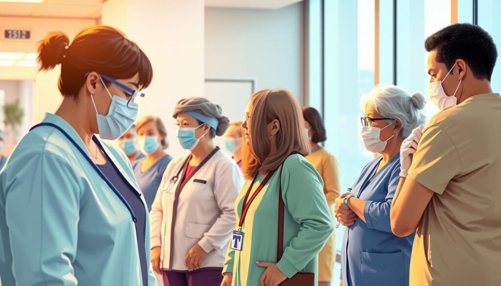 High-detailed digital illustration of the priority vaccination groups, including elderly people, healthcare workers, and individuals with underlying medical conditions, standing in a line and receiving their COVID-19 vaccinations. The scene is set in a modern, well-equipped vaccination center, with medical staff in PPE administering the shots. The lighting is warm and inviting, conveying a sense of hope and safety. The overall composition is balanced and visually appealing, with a focus on the various demographics represented in the group. The image should capture the importance and significance of this critical phase of the vaccination campaign.