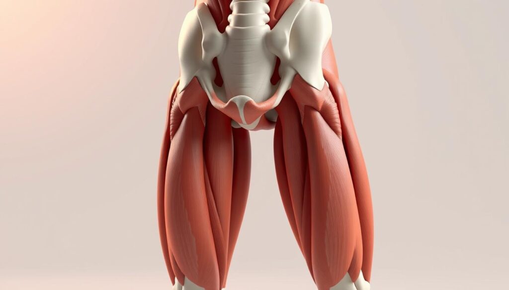 a highly detailed, anatomically accurate 3D render of the anterior thigh muscle (quadriceps femoris), depicting the vastus lateralis, vastus medialis, and rectus femoris, with a clean, minimalist background and warm, natural lighting from the top-left, showcasing the muscle's intricate structure and definition in a clear, educational manner suitable for a medical reference image